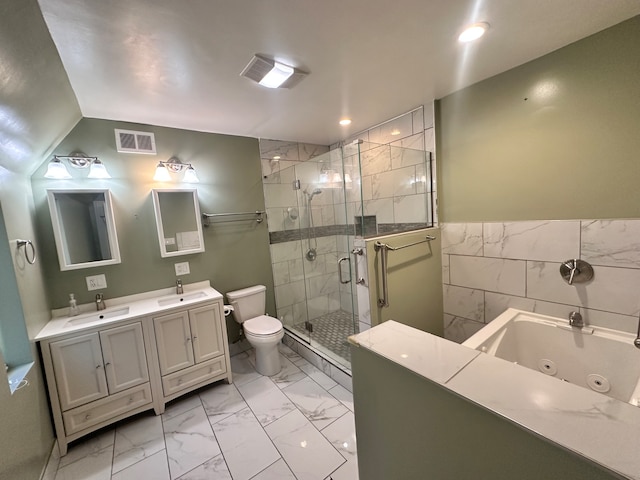 full bathroom with tile walls, shower with separate bathtub, vanity, and toilet