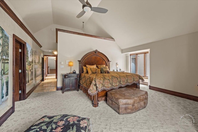 bedroom featuring high vaulted ceiling, carpet, baseboards, and ceiling fan