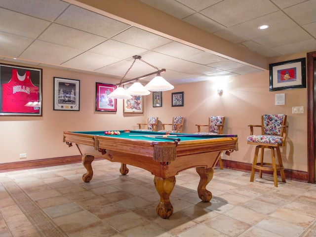 recreation room with a paneled ceiling, pool table, baseboards, and recessed lighting