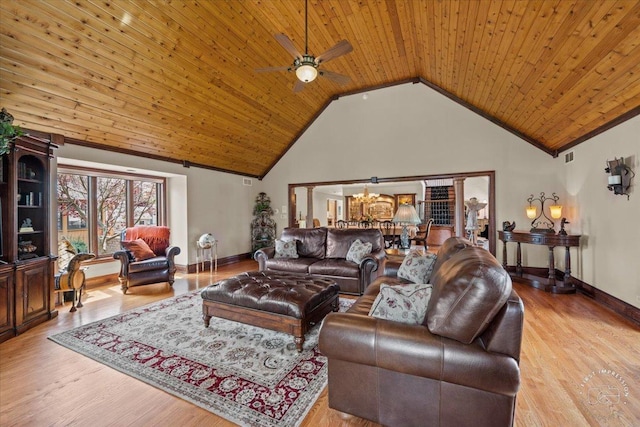 living room with ceiling fan, high vaulted ceiling, wood ceiling, and light wood-type flooring