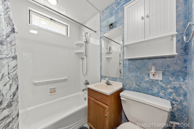 full bathroom with shower / bath combo, vanity, and toilet