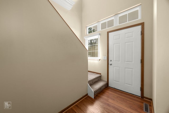 entryway featuring a towering ceiling and hardwood / wood-style flooring