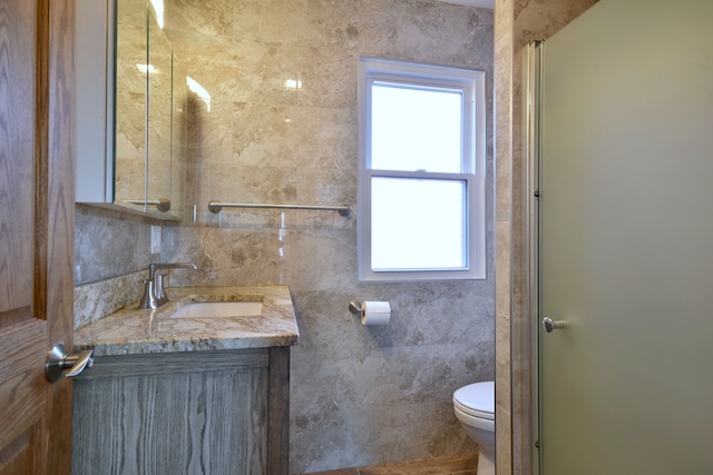 bathroom with vanity, tile walls, toilet, and a wealth of natural light