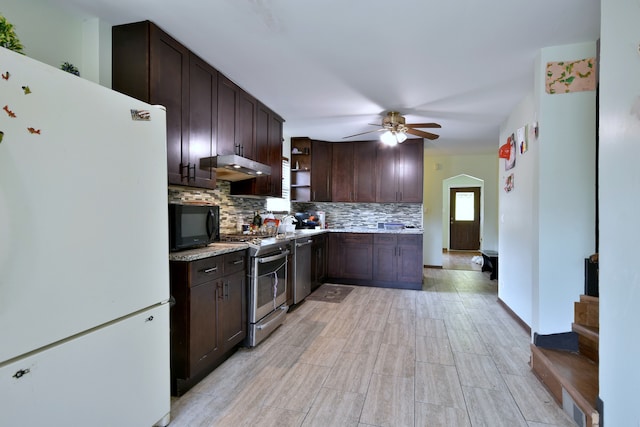 kitchen with backsplash, dark brown cabinets, ceiling fan, and stainless steel appliances