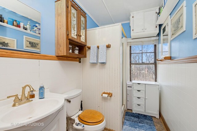 bathroom featuring vanity, toilet, and tile walls