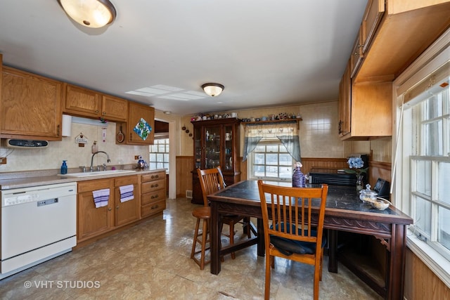 kitchen with a sink, dishwasher, brown cabinetry, and a healthy amount of sunlight