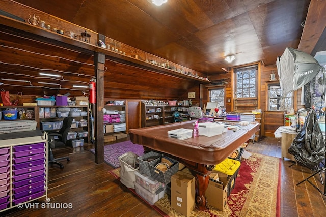 office area with wooden ceiling, wood walls, vaulted ceiling, and hardwood / wood-style flooring