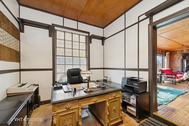 office area featuring wooden ceiling and light wood-type flooring