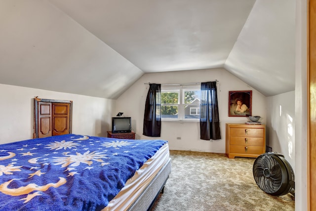 carpeted bedroom featuring lofted ceiling