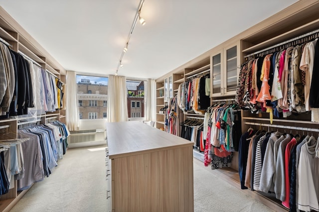 walk in closet featuring light colored carpet