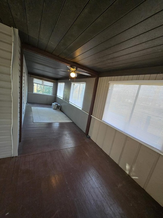 spare room with hardwood / wood-style floors, ceiling fan, wooden ceiling, and wooden walls