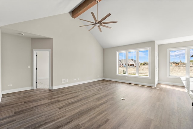 unfurnished living room with beamed ceiling, dark hardwood / wood-style flooring, ceiling fan, and high vaulted ceiling