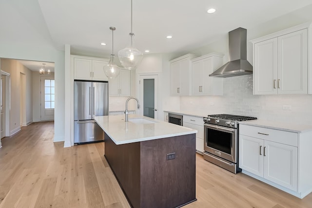kitchen featuring stainless steel appliances, a sink, backsplash, and wall chimney range hood