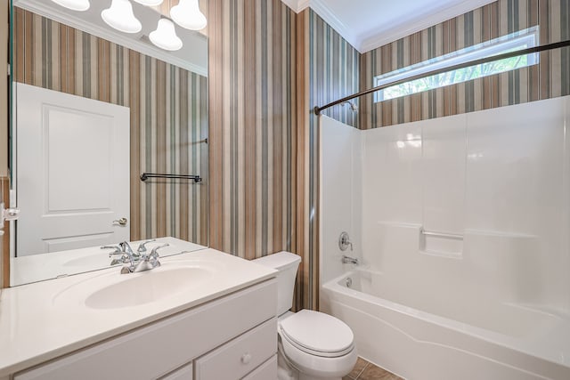 full bathroom with tub / shower combination, ornamental molding, vanity, and toilet