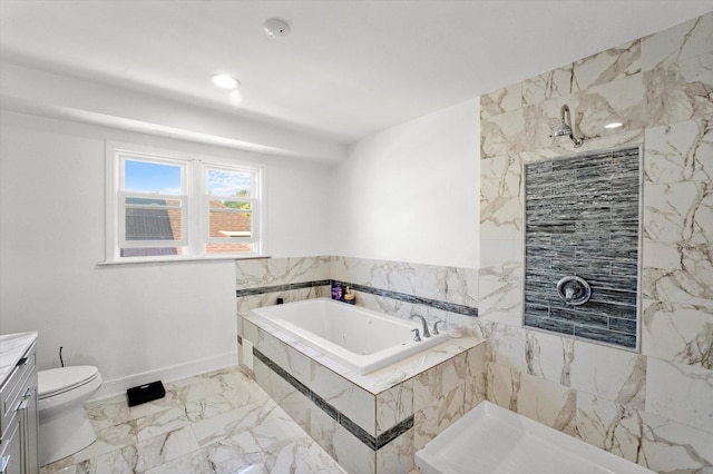 bathroom with marble look tiles, tiled shower, vanity, and a garden tub