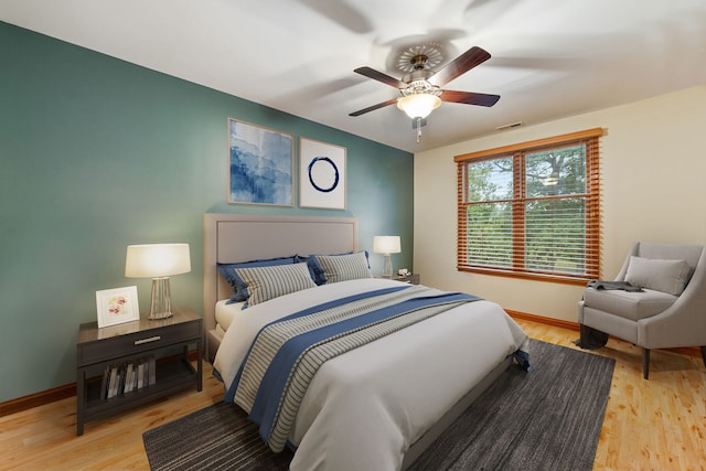 bedroom featuring light wood-type flooring and ceiling fan