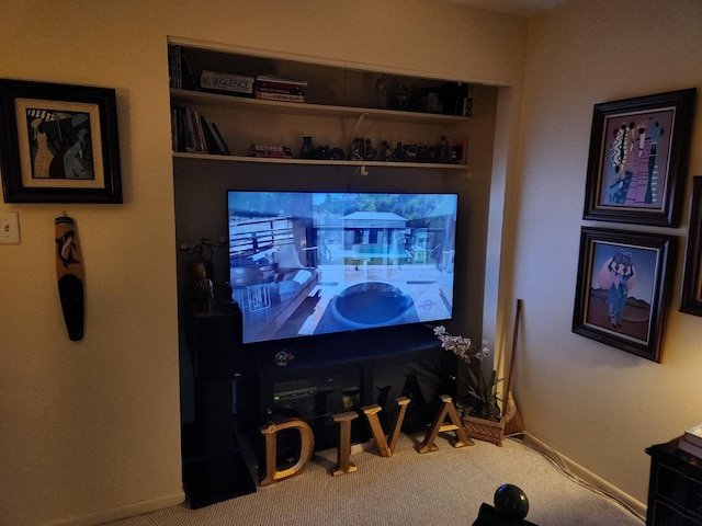 home theater room with carpet floors and baseboards