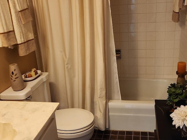 bathroom with toilet, tile patterned floors, shower / bath combo, and vanity