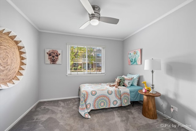 bedroom featuring carpet flooring, ceiling fan, and crown molding