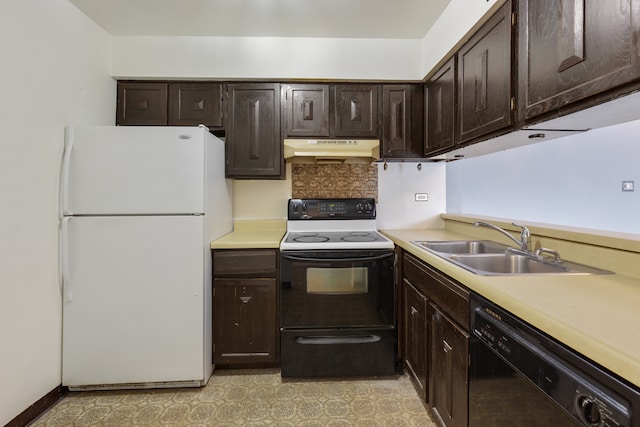 kitchen with dark brown cabinets, black appliances, backsplash, and sink