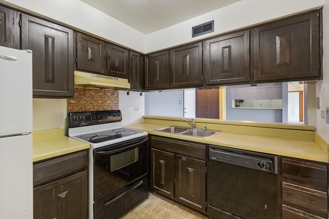 kitchen featuring backsplash, dark brown cabinets, white appliances, and sink