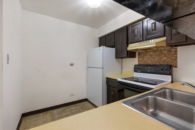 kitchen featuring dark brown cabinets, sink, and white appliances