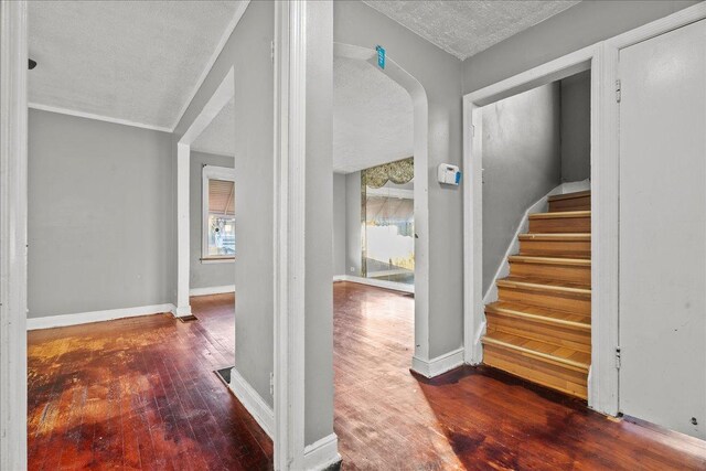 interior space featuring ornamental molding, wood-type flooring, and a textured ceiling