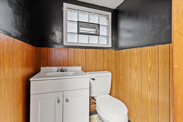 bathroom with vanity, wood walls, and toilet