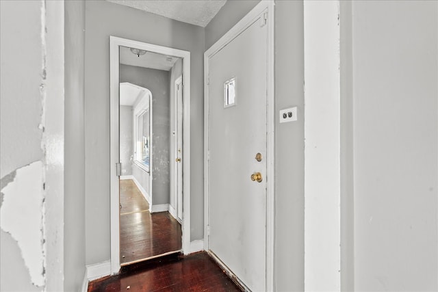 doorway with dark wood-type flooring