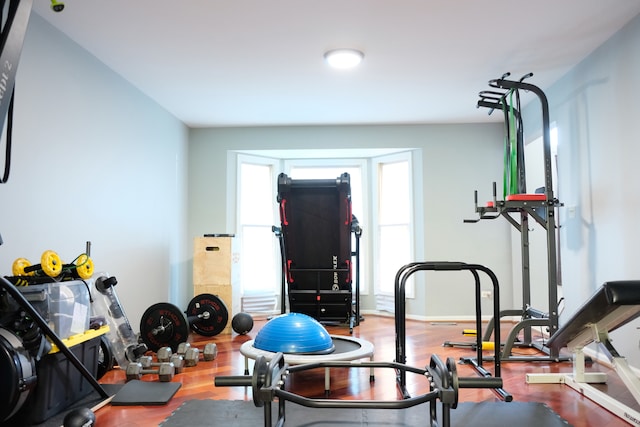 workout area featuring hardwood / wood-style floors