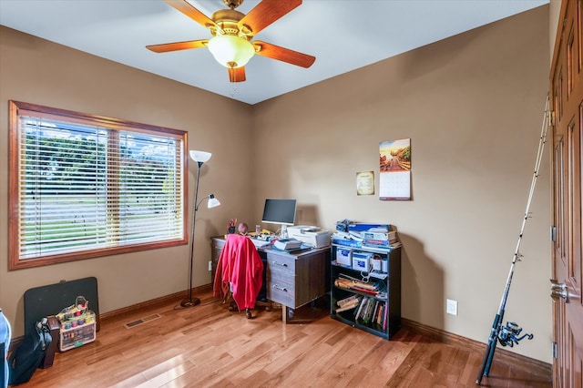 office featuring ceiling fan and hardwood / wood-style flooring