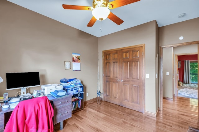 office area featuring ceiling fan and light wood-type flooring