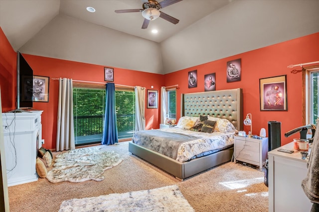 bedroom featuring light carpet, multiple windows, ceiling fan, and high vaulted ceiling