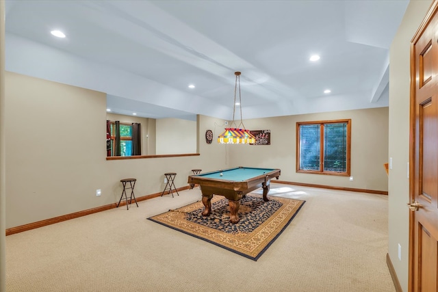 rec room featuring pool table and carpet floors