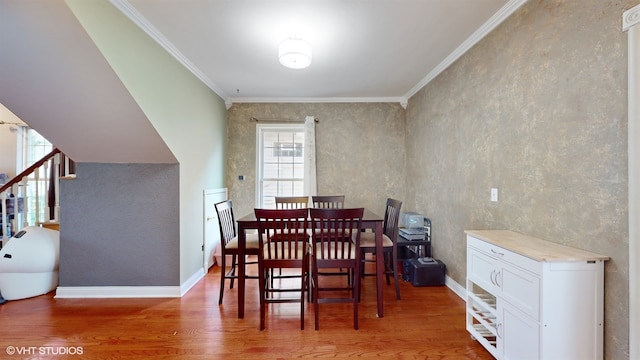 dining area featuring wood-type flooring and crown molding