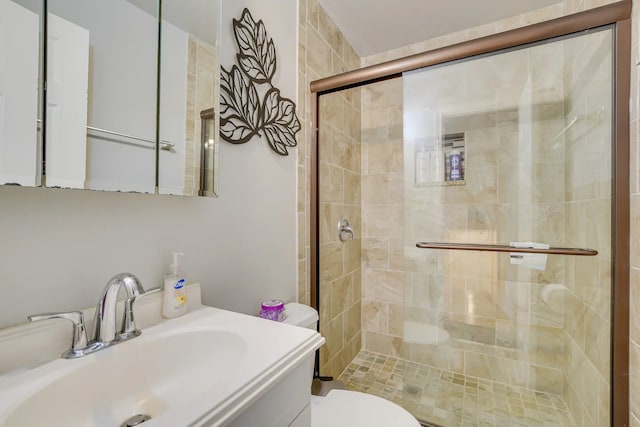 bathroom with vanity, toilet, and a shower with shower door