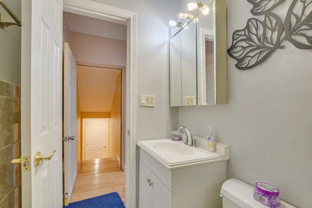 bathroom featuring hardwood / wood-style flooring, vanity, and toilet