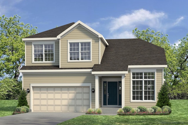 view of front of house with a front yard and a garage