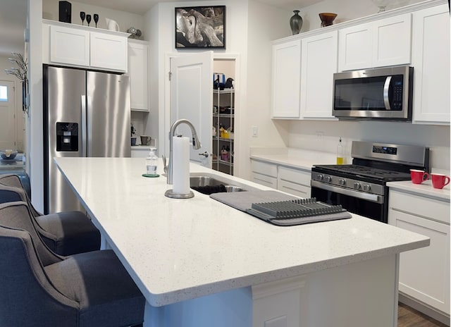 kitchen with a kitchen island with sink, stainless steel appliances, and sink