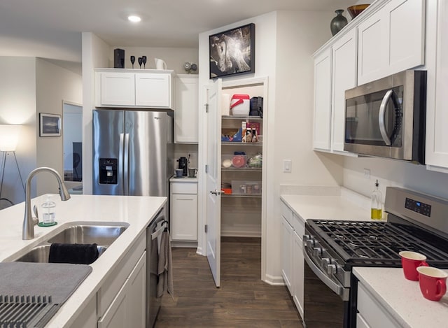 kitchen featuring white cabinets, appliances with stainless steel finishes, dark hardwood / wood-style floors, and sink