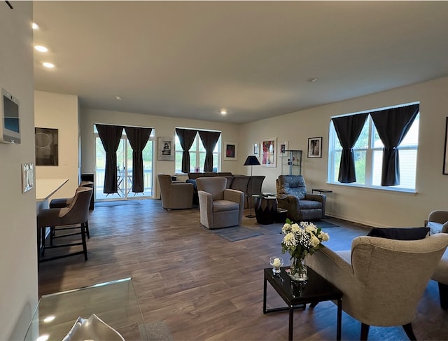 living room featuring dark wood-type flooring and plenty of natural light