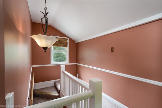 staircase featuring carpet flooring and vaulted ceiling