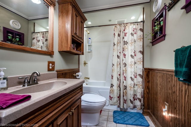 full bathroom with vanity, wood walls, shower / bathtub combination with curtain, crown molding, and toilet