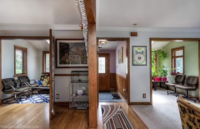 entryway featuring ornamental molding, wooden walls, vaulted ceiling, and hardwood / wood-style flooring