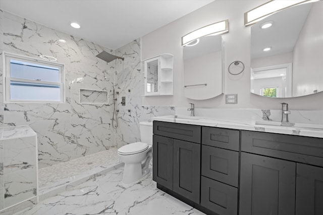 bathroom with toilet, plenty of natural light, and a tile shower