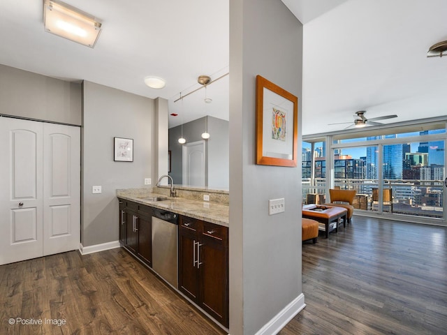 757 N Orleans St Unit 1612, Chicago, IL 60654 - bar featuring a sink, dark wood-style flooring, baseboards, stainless steel dishwasher, and ceiling fan