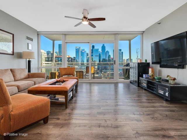 757 N Orleans St Unit 1612, Chicago, IL 60654 - living area featuring a wall of windows, plenty of natural light, a ceiling fan, and wood finished floors
