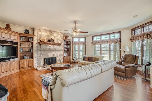 living room with ceiling fan, a fireplace, crown molding, and light hardwood / wood-style floors