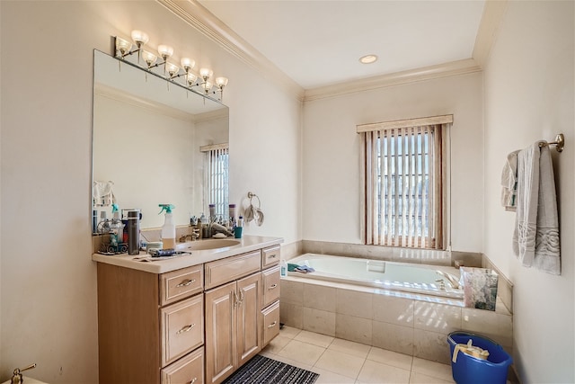 36625 N Kimberwick Ln, Wadsworth, IL 60083 - full bathroom featuring healthy amount of natural light, vanity, a garden tub, tile patterned flooring, and crown molding
