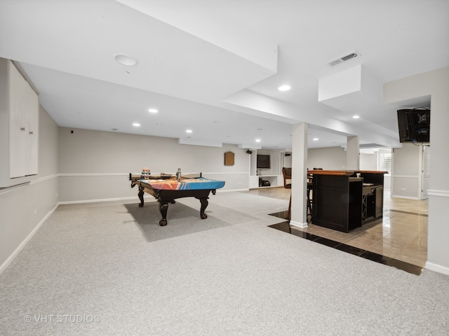 playroom featuring bar, light carpet, and pool table